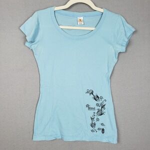 Y2K Maui Hawaii Graphic Tee Shirt Pastel Blue Koi Fish Hibiscus Sungirl Size M